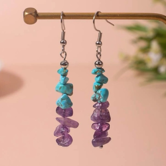 💥3for$28 New Genuine Amethyst and Turquoise Linear Drop Earrings /Gems Stones - Picture 11 of 15